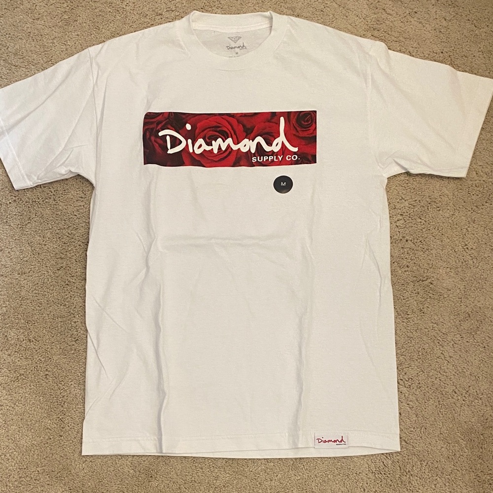 Diamond Supply Co. White Short-Sleeve Tee with Red Rose Box Logo